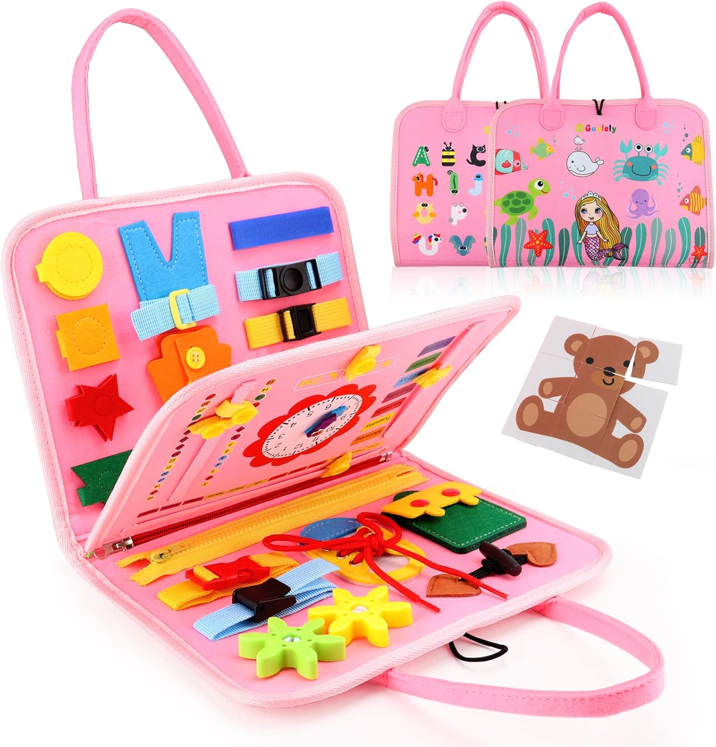 Guolely Busy Board Montessori Toy for 1 2 3 4 Year Old Toddlers - Educational Activity Developing Sensory Board for Fine Basic Dress Motor Skills - Travel Toys for Plane Car, Gift for Boys Girls