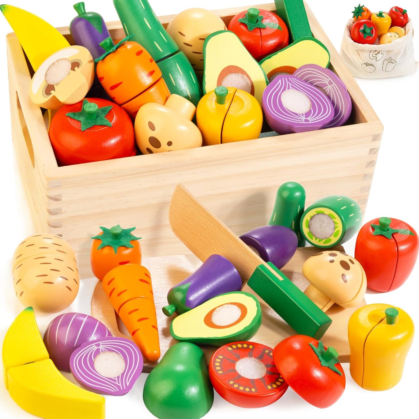 Wooden Play Food for Toddlers, Fruit and Veggies Cutting Set for Kids, Pretend Food Play Kitchen Accessories for 3 4 5 6 7 Years Old Boys & Girls