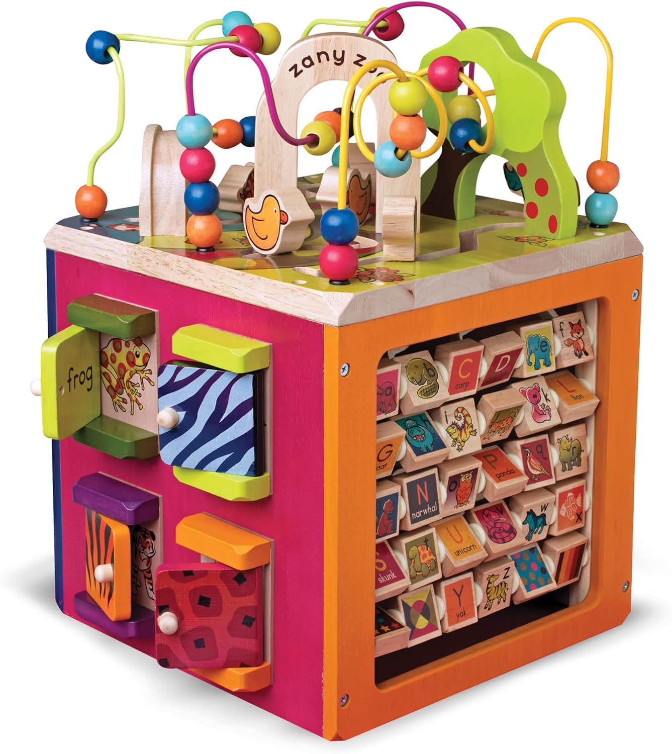 B. toys – Activity Cube – Educational Storybook Included – Wooden Shape Sorter, Bead Maze, Animal Tiles – Top Flips for Compact Storage – 12+ Months – Lil' Learning Cube
