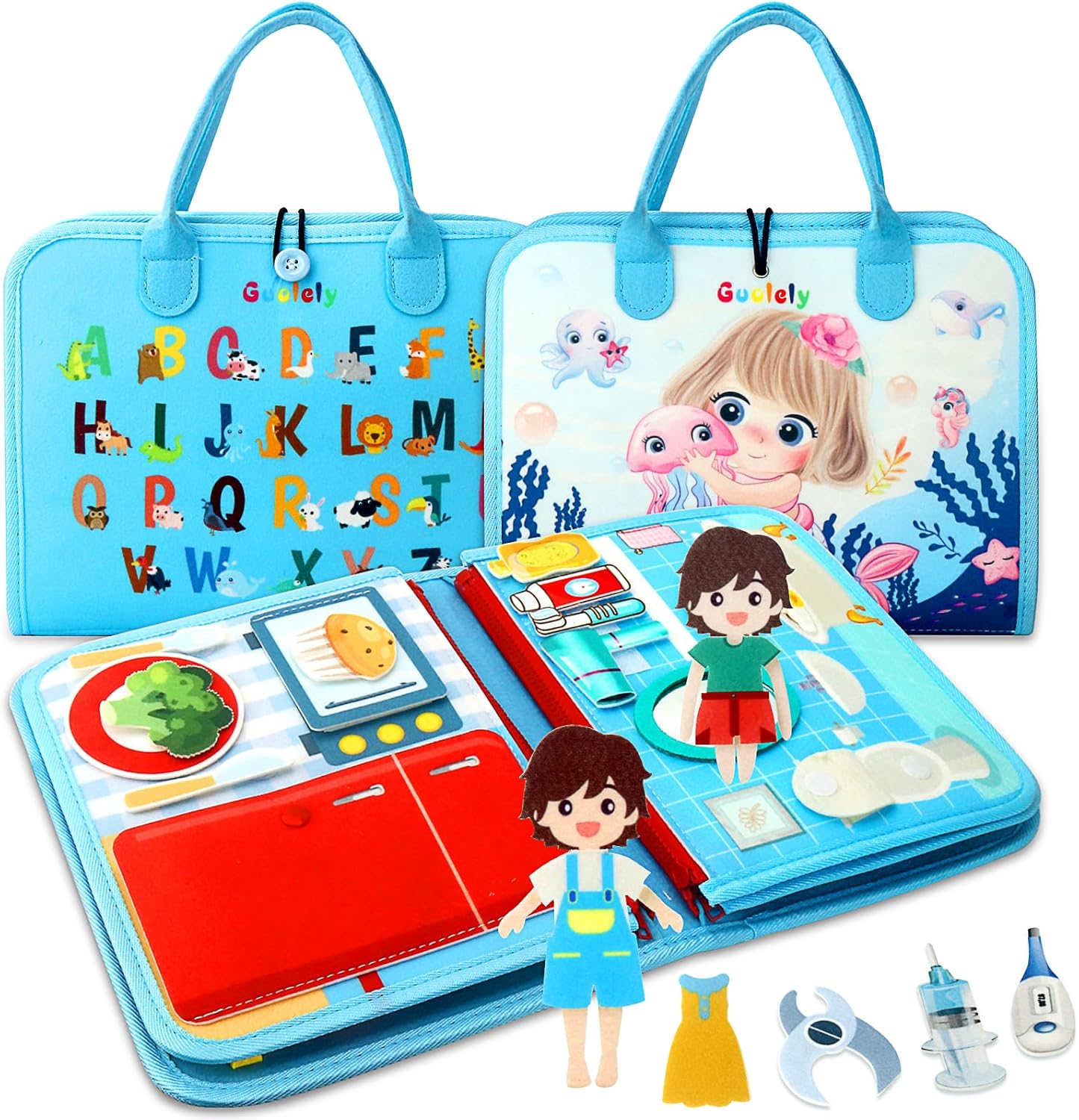 Guolely Busy Board Montessori Toy for 1 2 3 4 Year Old Toddlers - Educational Activity Developing Sensory Board for Fine Basic Dress Motor Skills - Travel Toys for Plane Car, Gift for Boys Girls