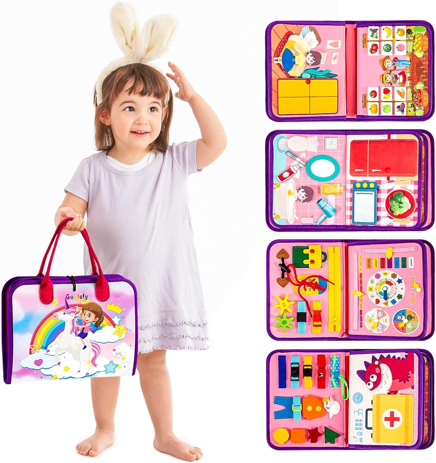 Guolely Busy Board Montessori Toy for 1 2 3 4 Year Old Toddlers - Educational Activity Developing Sensory Board for Fine Basic Dress Motor Skills - Travel Toys for Plane Car, Gift for Boys Girls