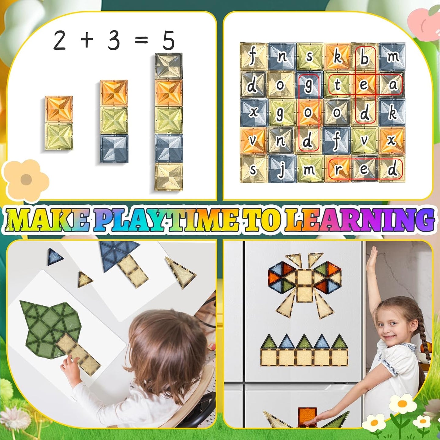 100PCS Magnetic Tiles Montessori Toys Magnetic Blocks Kids Games STEM Classroom Educational Learning Sensory Magnet Natural Toy for Toddler Boys Girls 3+ Year Old with 2 Cars