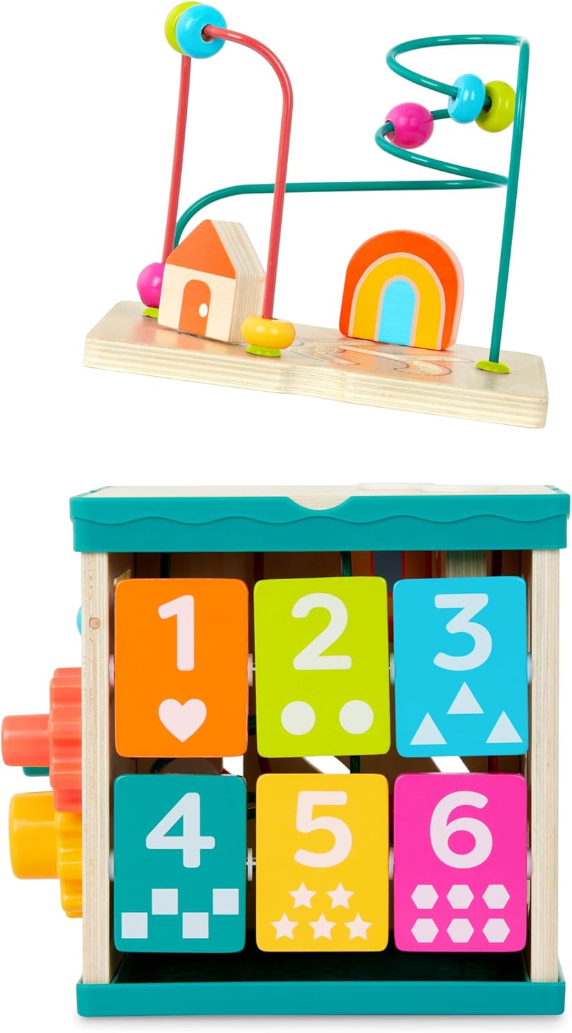 B. toys – Activity Cube – Educational Storybook Included – Wooden Shape Sorter, Bead Maze, Animal Tiles – Top Flips for Compact Storage – 12+ Months – Lil' Learning Cube