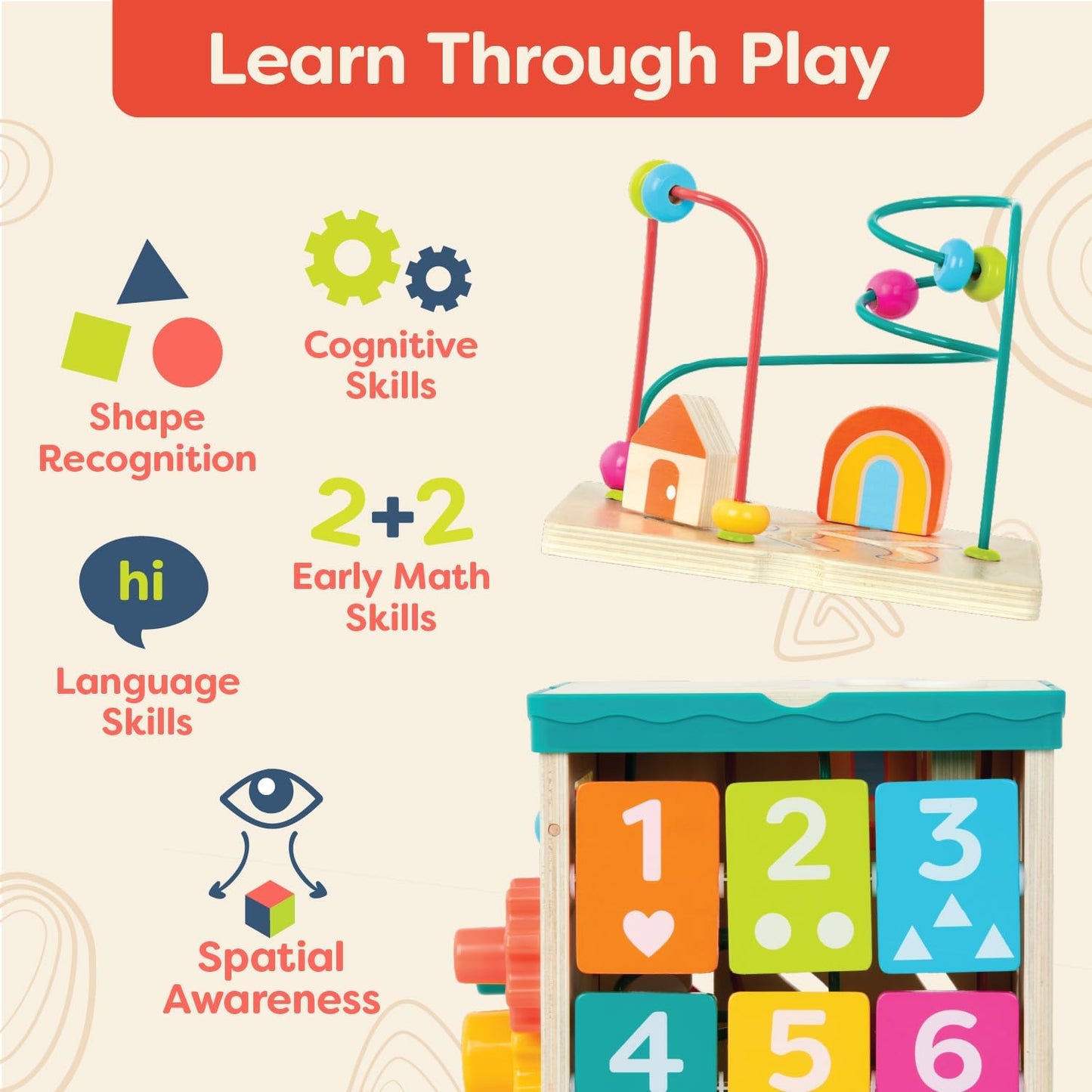 B. toys – Activity Cube – Educational Storybook Included – Wooden Shape Sorter, Bead Maze, Animal Tiles – Top Flips for Compact Storage – 12+ Months – Lil' Learning Cube