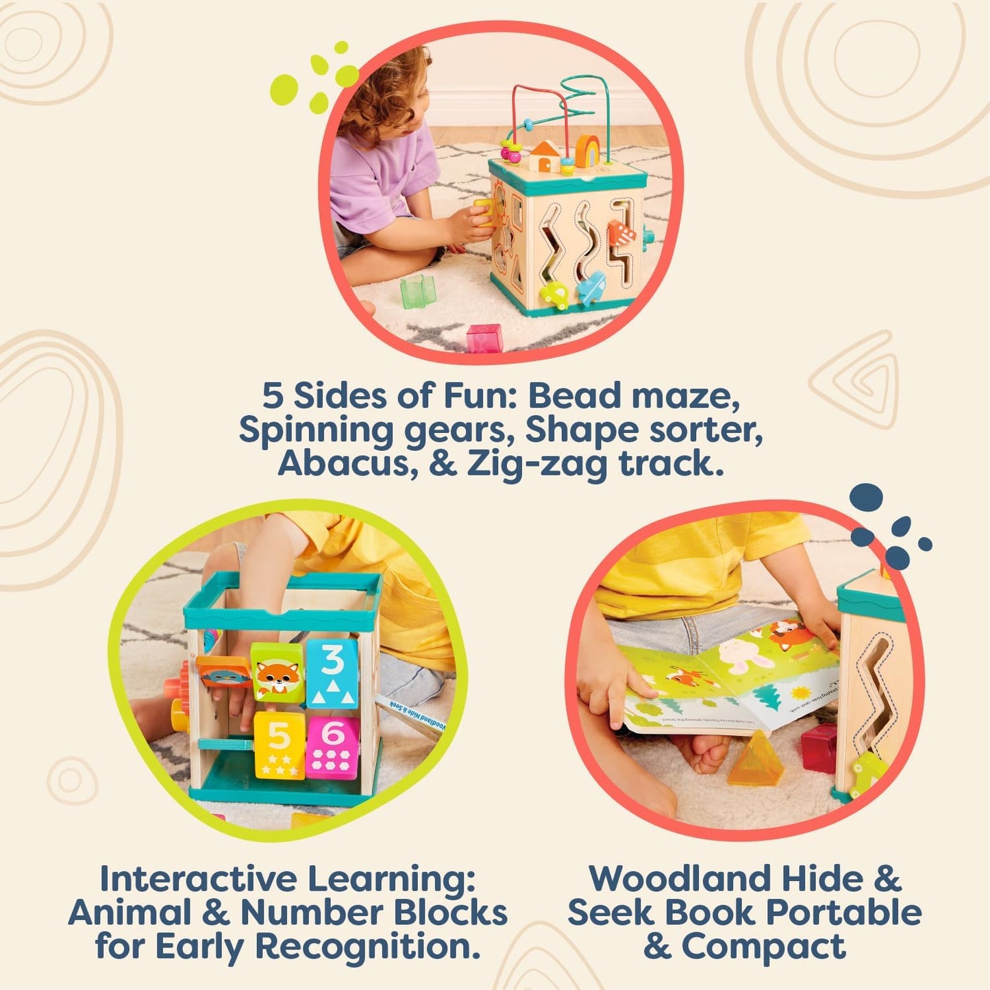 B. toys – Activity Cube – Educational Storybook Included – Wooden Shape Sorter, Bead Maze, Animal Tiles – Top Flips for Compact Storage – 12+ Months – Lil' Learning Cube