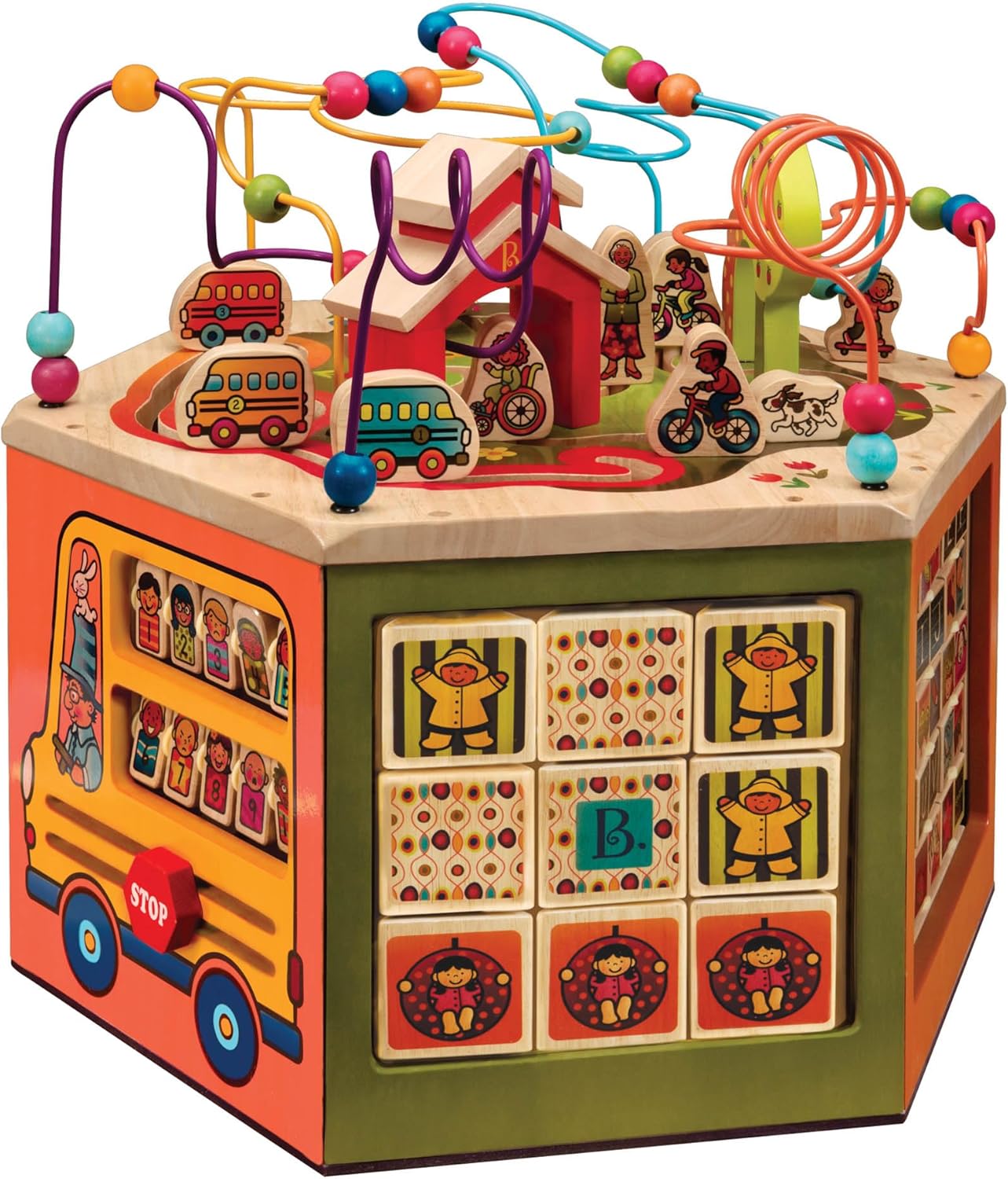 B. toys – Activity Cube – Educational Storybook Included – Wooden Shape Sorter, Bead Maze, Animal Tiles – Top Flips for Compact Storage – 12+ Months – Lil' Learning Cube