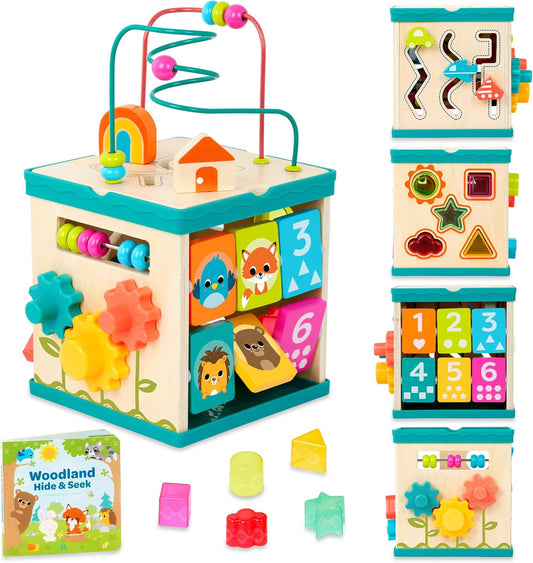 B. toys – Activity Cube – Educational Storybook Included – Wooden Shape Sorter, Bead Maze, Animal Tiles – Top Flips for Compact Storage – 12+ Months – Lil' Learning Cube
