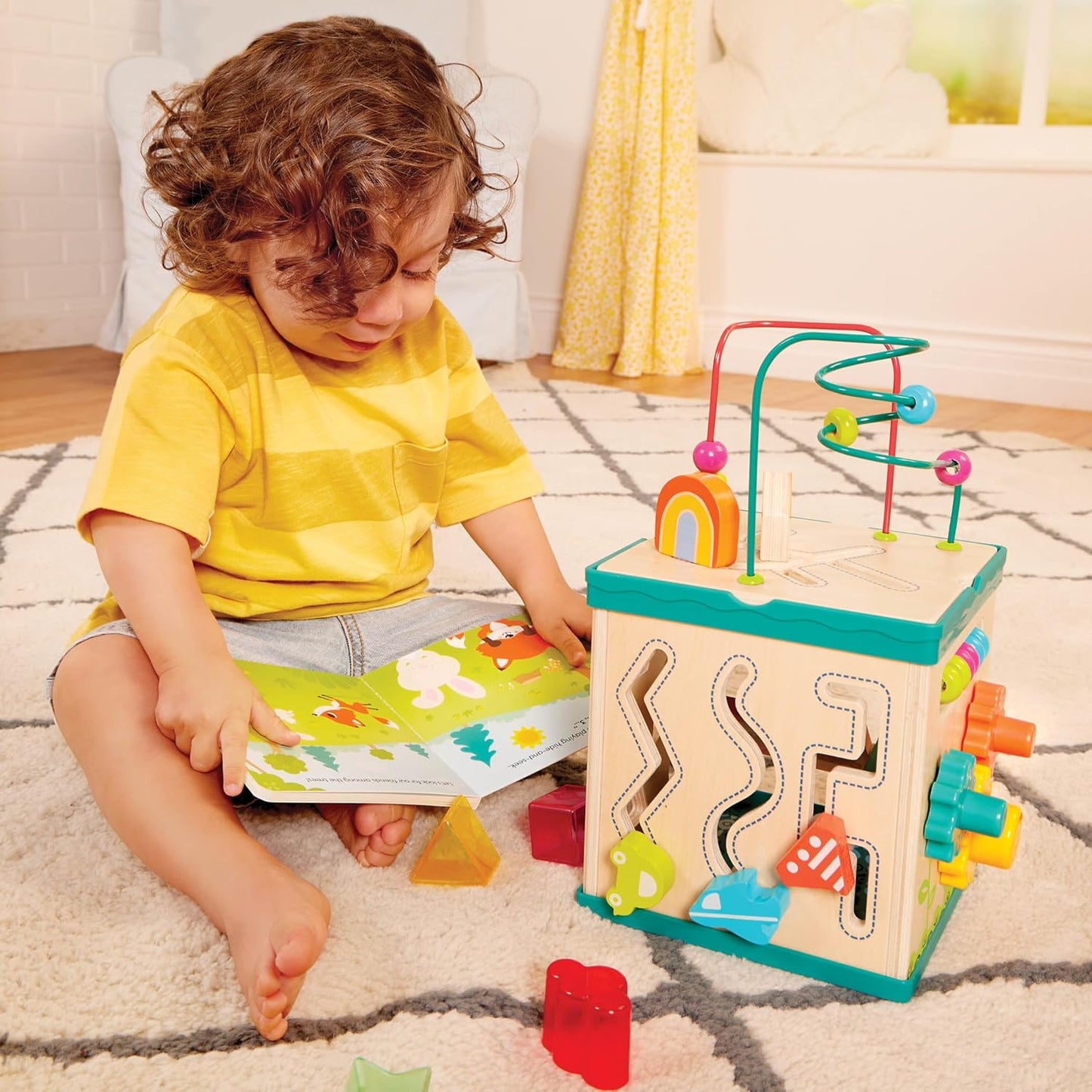 B. toys – Activity Cube – Educational Storybook Included – Wooden Shape Sorter, Bead Maze, Animal Tiles – Top Flips for Compact Storage – 12+ Months – Lil' Learning Cube
